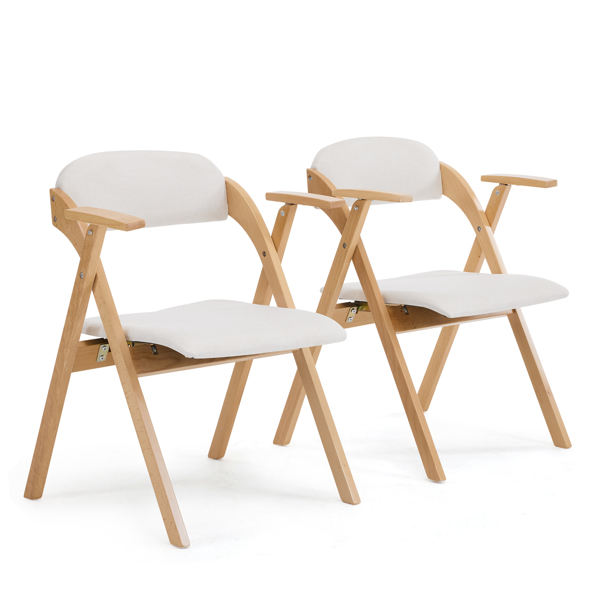 Set of 2 Wooden Folding Chairs with Padded Seats and Armrests, Portable Simple Folding Chairs with Cushion for Guests Kitchen Office Wedding Party Picnic, Natural Frame with Beige Cushion