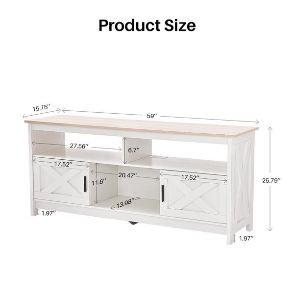 Fernsehkommode, TV Schrank für 65 Zoll, TV Sideboard mit Steckdosen, TV Board mit Ablageschränken & offenem Regal, Landhausstil Fernsehtisch für Wohnzimmer,150x40x65 cm (Natürlich)