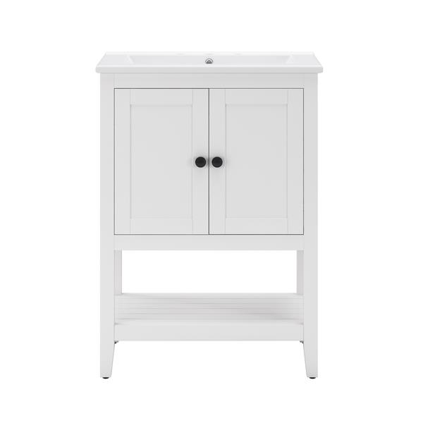 24" White Modern Sleek Bathroom Vanity Elegant Ceramic Sink with Solid Wood Frame Open Style Shelf