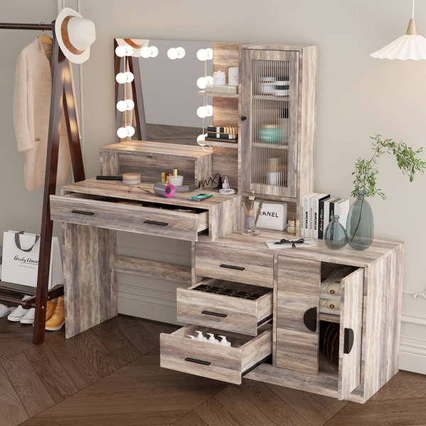 Large Makeup Vanity with Lights, Vanity Table with Charging Station, Vanity Desk with Mirror and 10 LED Light Bulbs, Makeup Table with Drawers and Storage Shelves and Cabinets, Gray