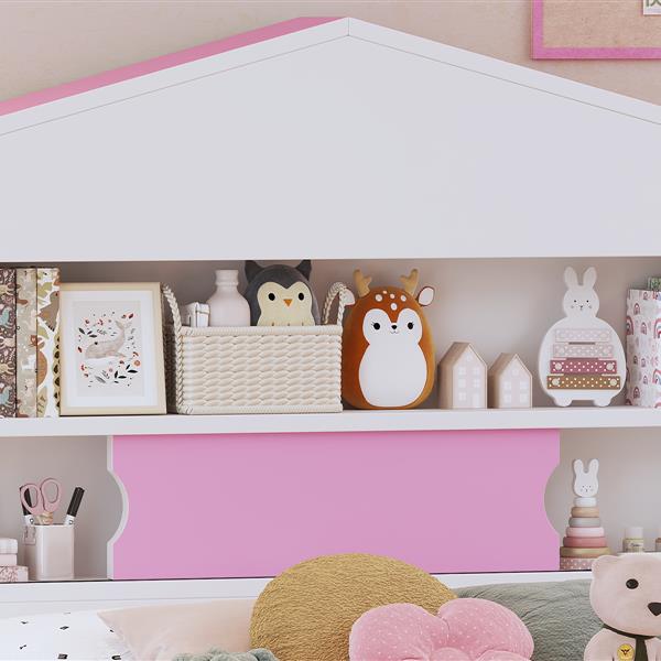 Twin Size House-Shaped Wooden Bed with Storage Shelf on the Headboard, Built-in Two Storage Drawers, Pink