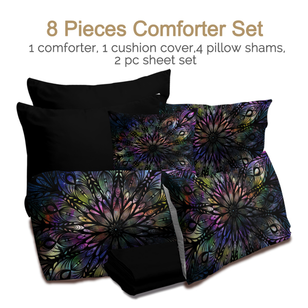 Colored Mandala Flowers Pattern Comforter Set 8PCS King Size Soft Bedding Set - 1 Comforter，1 Pilow Cover，1 Flat Sheet，1 Fitted Sheet，4 Cushion Cover