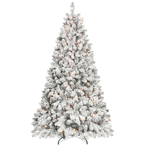 7.5ft Snow-Flocked Artificial Christmas Tree with Pine Cones, Prelit Xmas Trees, Hinged Easy Assembly & Reinforced Metal Base - Ideal for Indoor & Outdoor Festive Decorations 