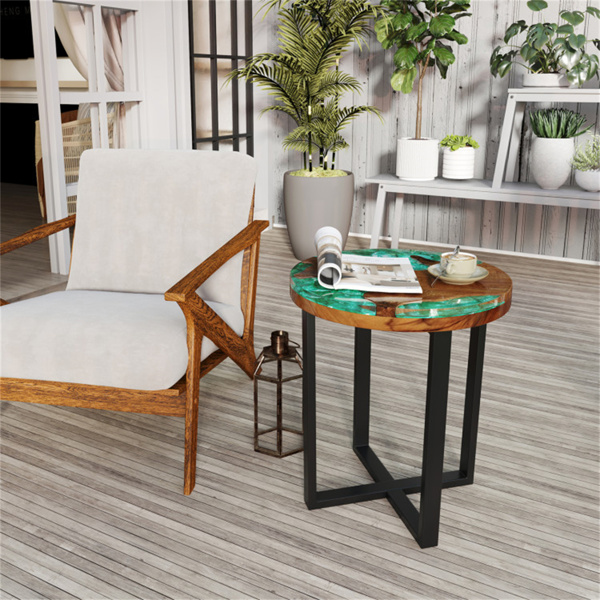 20-inch round end table with epoxy top for indoor and outdoor use