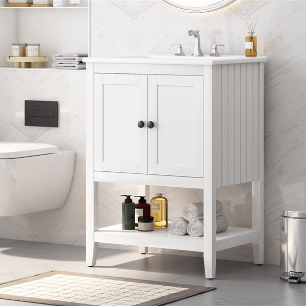 24" White Modern Sleek Bathroom Vanity Elegant Ceramic Sink with Solid Wood Frame Open Style Shelf