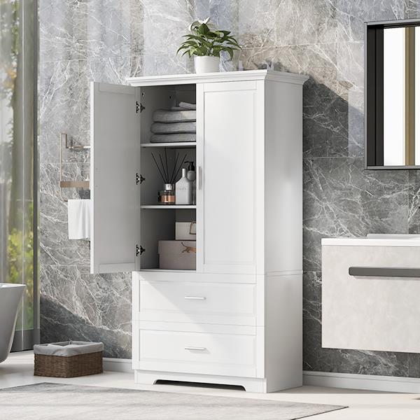 Tall Bathroom Storage Cabinet, Cabinet with Two Doors and Drawers, Adjustable Shelf, MDF Board, White