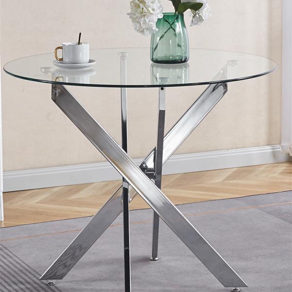 Dining Table with cross metal leg and tempered glass,Modern Space Saving Kitchen Table for Living Room,chrome legs