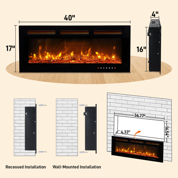 ZOKOP 40" Smart WiFi Electric Fireplace Insert, 1500W Wall Recessed/Mounted, Freestanding Fireplace Heater with Remote Control, 12 Color Adjustable Flames, Thermostat, 8H Timer, 5 Brightness Settings