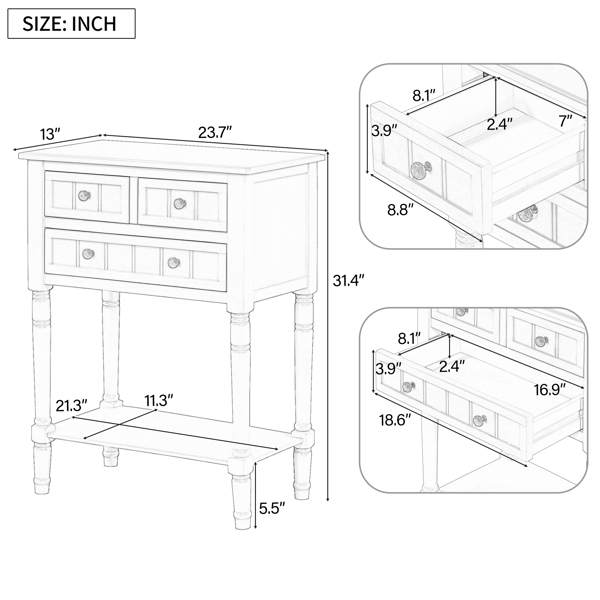 Narrow Console Table, Slim Sofa Table with Three Storage Drawers and Bottom Shelf (Black)