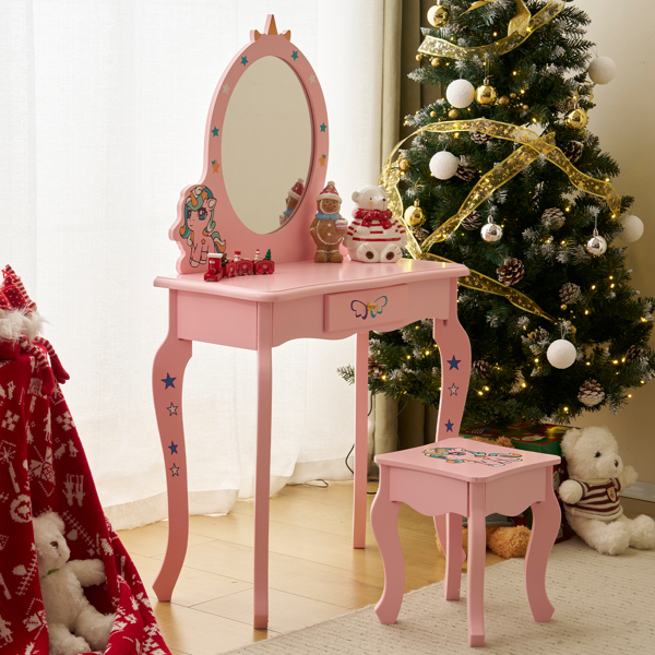 Kids Vanity Table and Chair Set, Girls Vanity with Mirror & Stool, Cute Unicorn Design, Pretend Play Makeup Dressing Princess Table for Toddlers, Pink