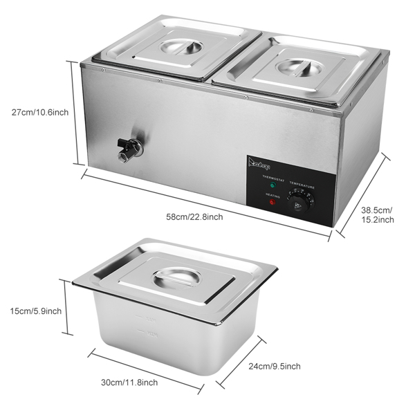 ZOKOP 110V 600W 10L*2 Stainless Steel Two Plates Heating Food Warming Soup Pool Silver