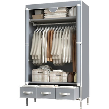 Portable Clothes Closet Rolling Door Wardrobe with Hanging Rack Non-Woven Fabric Storage Organizer with Three Drawer Boxes No-Tool Assembly - 35.4 x 17.7 x 67.0 in (Gray)