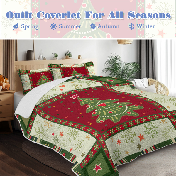 3 Piece Cute Christmas Tree Quilt Set Red Green King Size Snowflakes Pattern Bedspread Lightweight Coverlet Summer Comforter Set Bed Cover (1 Quilt+ 2 Shams)