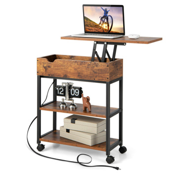 Bedside table, adjustable tabletop coffee table with charging and wheels