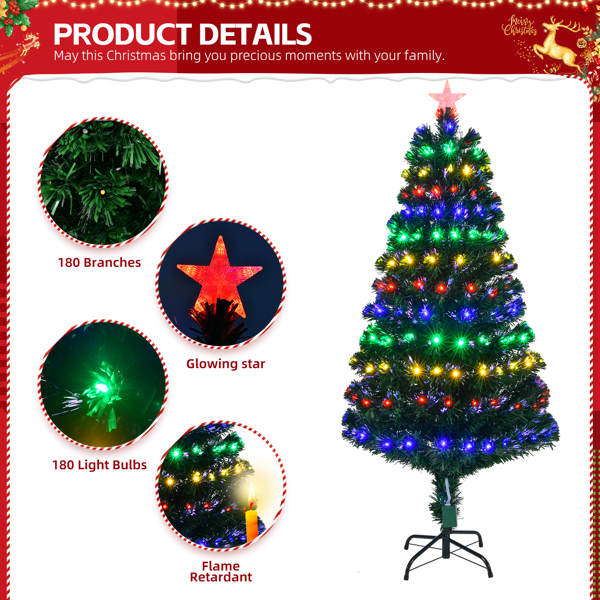 5 FT Pre-lit Christmas Tree, Artificial Fiber Optic Christmas Tree with Lighted Top Star, 180 LEDs and Branch Tips, Holiday Xmas Decoration Tree for Home Office Store Party, Green