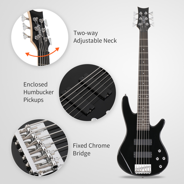 【Don’t sell on Amazon】Glarry Full Size GIB 6 String H-H Pickup Electric Bass Guitar Bag Strap Pick Connector Wrench Tool Black