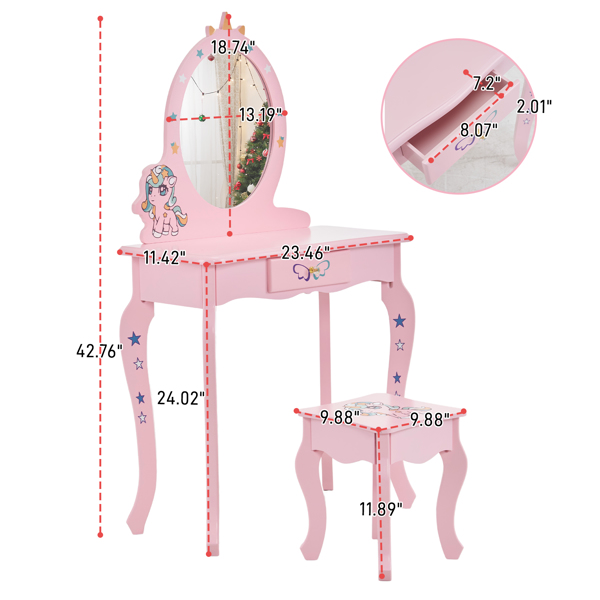 Kids Vanity Table and Chair Set, Girls Vanity with Mirror & Stool, Cute Unicorn Design, Pretend Play Makeup Dressing Princess Table for Toddlers, Pink