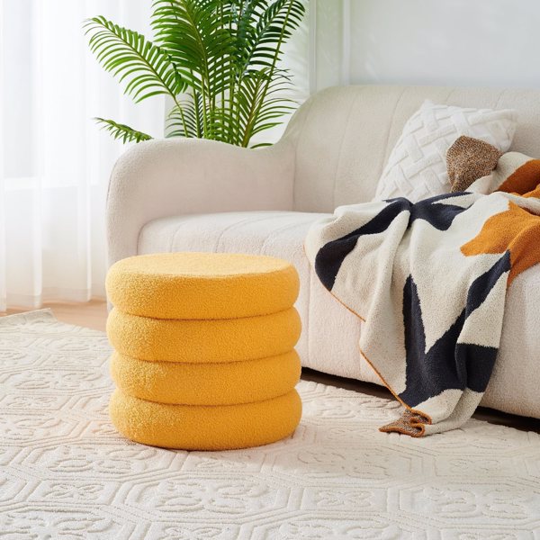 Round Storage Ottoman, Modern Sherpa Footstool, Teddy Vanity Stool with Flip-Top Tray, Makeup Chair for Home Decor, Upholstered Footrest for Living Room & Bedroom (Yellow)