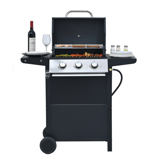 Propane Gas Grill 3 Burner Barbecue Grill, Stainless Steel 26,000 BTU Patio Garden Barbecue Grill with Two Shelves, Lid, Wheels and Bottle Opener