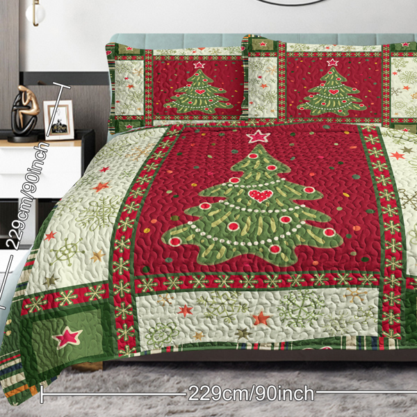 3 Piece Cute Christmas Tree Quilt Set Red Green King Size Snowflakes Pattern Bedspread Lightweight Coverlet Summer Comforter Set Bed Cover (1 Quilt+ 2 Shams)