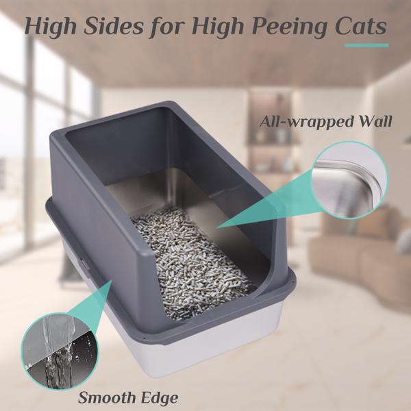 XXL Stainless Steel Cat Litter Box with Lid, Extra Large Litter Pan with High Sides, Easy Cleaning, Include Double Layer Litter Mat and Scoop, Gray