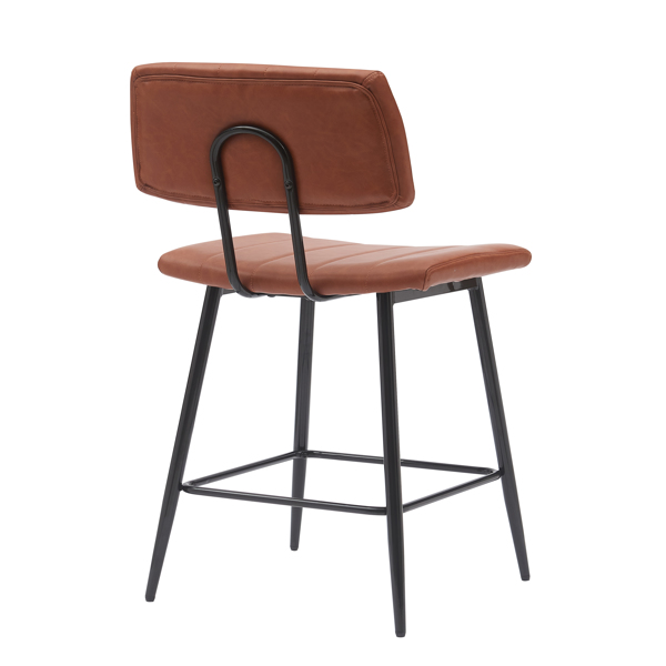 Counter High bar stool 2 piece set, padded bar stool with backrest and metal legs, high seat height, faux leather saddle brown