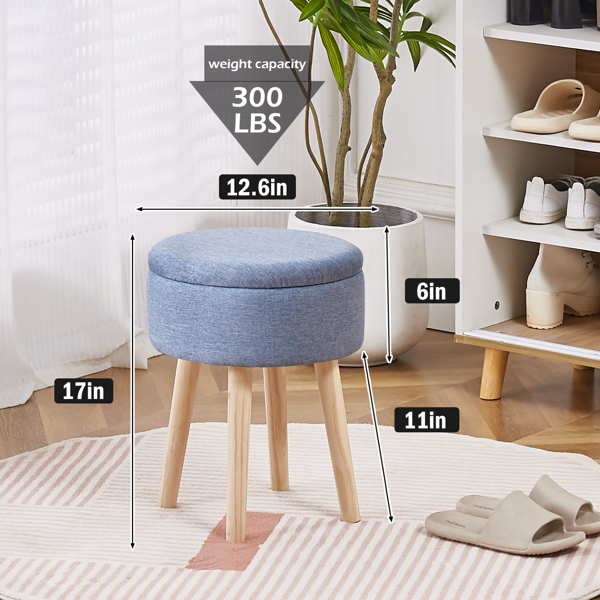 Storage Ottoman Linen Round Vanity Stool Tray Top Modern Foot Stool with Wood Legs Multifunctional Upholstered Foot Ottoman Rest for Living Room, Bathroom, Makeup Blue