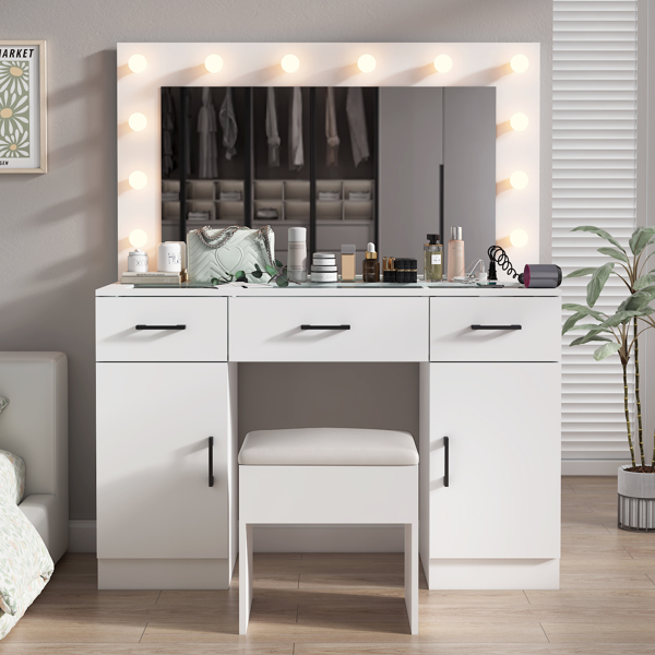 Vanity Desk Set with Large Lighted Mirror and Powre Outlet, Glass Top Makeup Vanity with 3 Drawers and 2 Cabinets, Vanity Table with 12 LED Lights, 3 Lighting Color Adjustable, White