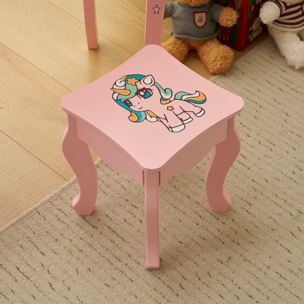 Kids Vanity Table and Chair Set, Girls Vanity with Mirror & Stool, Cute Unicorn Design, Pretend Play Makeup Dressing Princess Table for Toddlers, Pink