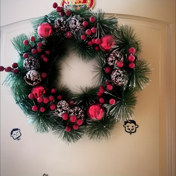 Christmas wreath for Front door, Home Decoration Christmas Door wreath, weatherproof, artificial Holly wreath with red bow, indoor or outdoor wreath for Christmas decoration