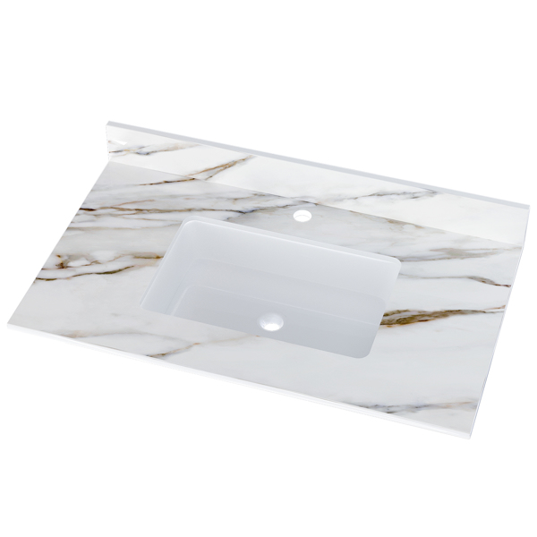 37 Inch Marble Vanity Top, Bathroom Vanity Top with Undermount Rectangular Middle Sink and 4" Height Backsplash, Pre-Drilled Faucet Hole Vanity Top, Single Hole