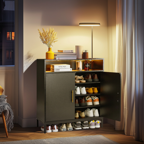 FCH Double Door 6-Layer Shoe Cabinet with High Foot LED Lights Particle Board 80*38*90cm Black