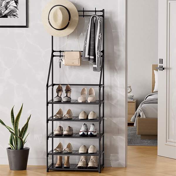 5-layer shoe rack, suitable for entrances, narrow shoe racks, jackets, and shoe racks, with 8 hooks