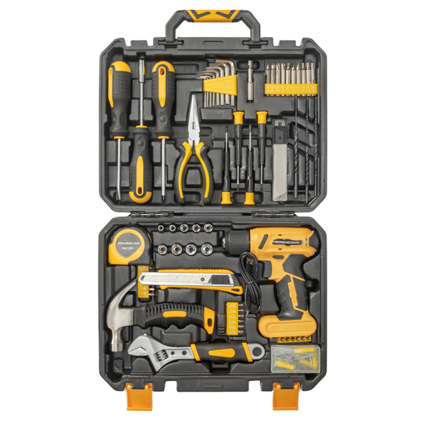 146-Piece Drill Set with 8V Yellow Cordless Drill, Home Tool Kit with Drill, House Repairing Hand Tool Kits with Portable Case, for DIY Home Maintenance