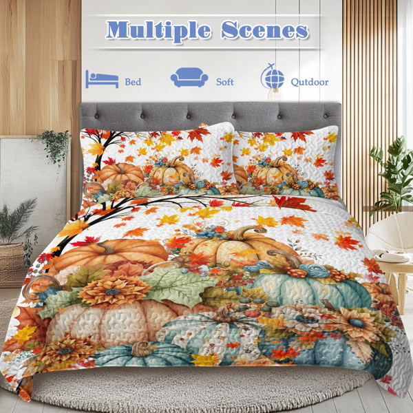 3 Pieces Colorful Oil Painting Pumpkin Pattern Quilt Set King Size for All Seasons Flower Fall Leaves Bedding Set with 2 Pillowcases for Kids Adults Thanksgiving Day Gifts