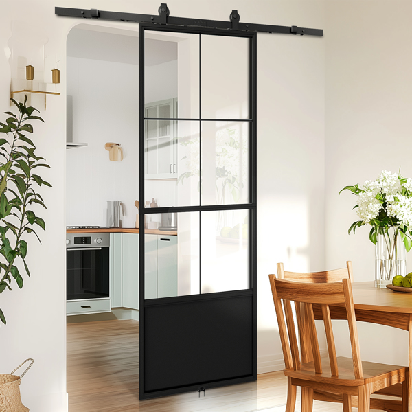 30 in.  x 84 in.     Glass Sliding Barn Door with  5FT Barn Door Hardware Kit & Soft Close Mechanism，Interior Clear Glass Black Steel Frame，Requires Simple DIY Assembly