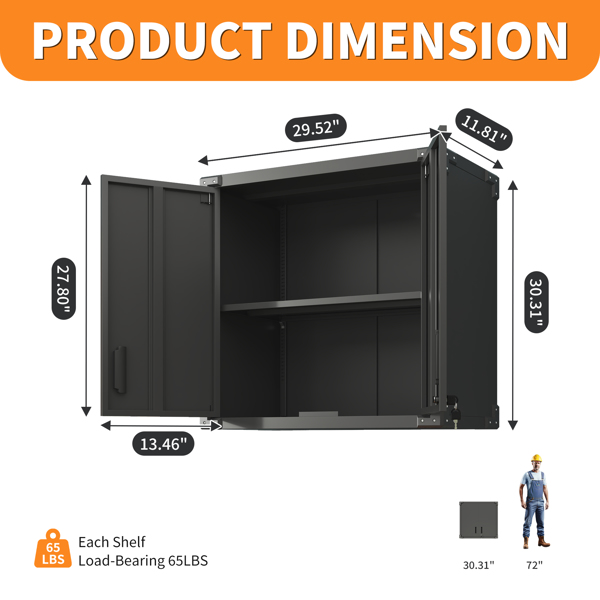 Metal Wall-Mounted Tool Storage Cabinet with 2 Locking Door 1 adjustable Shelf 1 Opened Drawer for Garage Warehouse,Office,Assembly Required