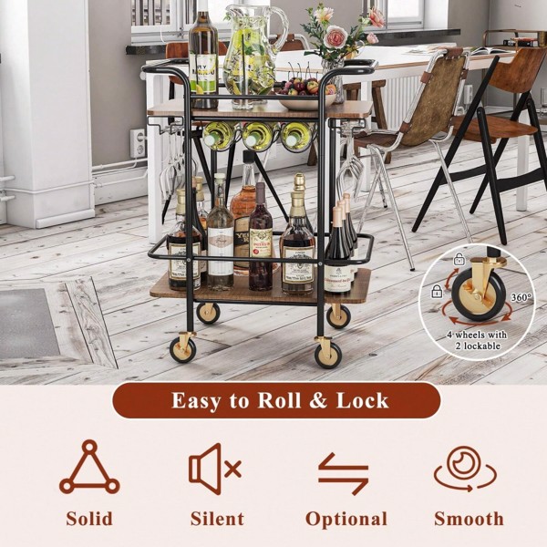 2 Tier Bar Cart With Wheels, Serving Cart With Wheels And 2 Handle, Outdoor Bar Cart For The Home With Wine Rack And Glass Holder, Kitchen Serving Cart For Home, Dining Room, Party, Black