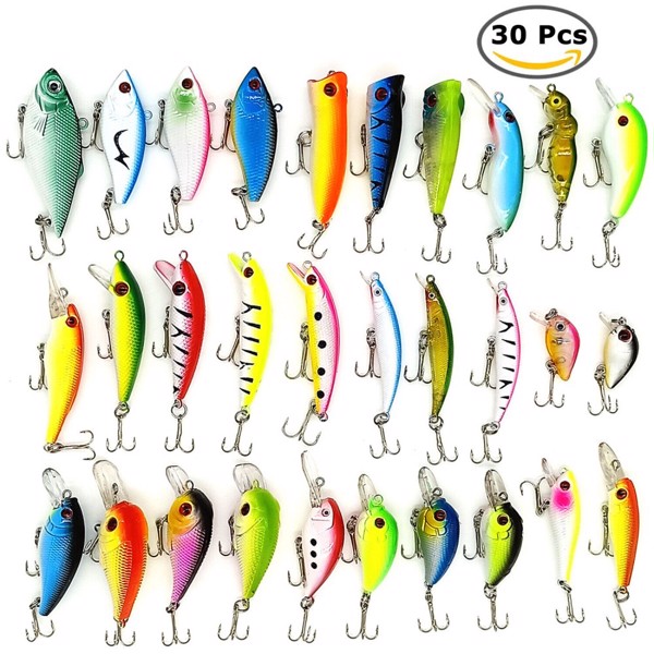 30PCS Kinds of Fishing Lures Crankbaits Hooks Minnow Baits Bass Tackle Crank Set