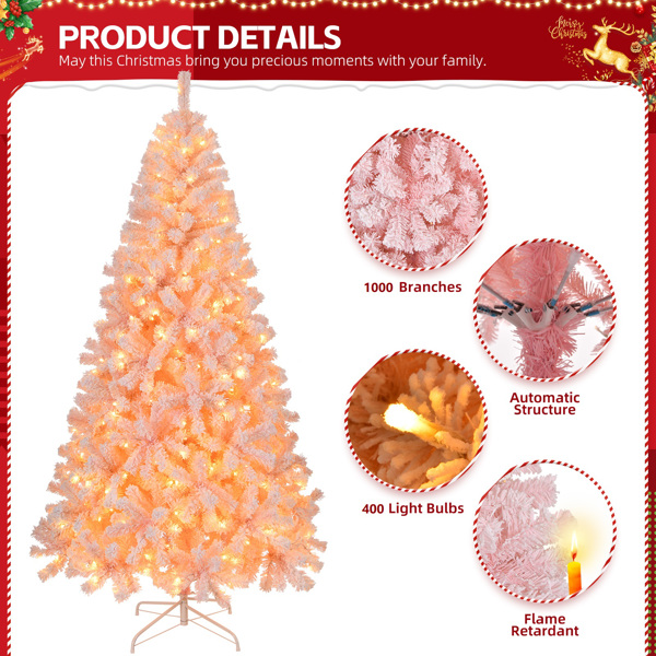 7 FT Pre-lit Snow Flocked Christmas Tree, Artificial Hinged Xmas Pine Tree with 1000 Branch Tips, 400 Lights and Remote Control for Holiday Party Office Home, Snowy Pink