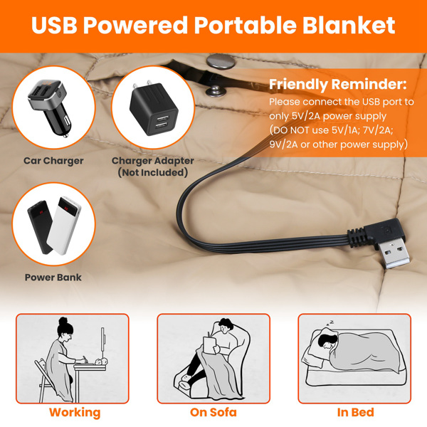 USB Heated Blanket Electric Heated Poncho Shawl Wrap Throw with Zipper Arm Holes Pocket 3 Heating Levels 6 Zones Dual Switch 5V/2A Machine Washable for Home Office Outdoor