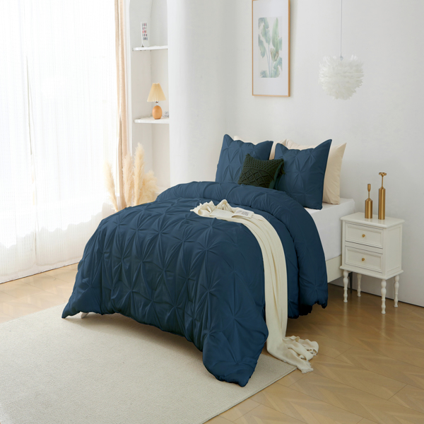 Queen Comforter Set, 3 Pieces Pintuck Bedding Set with 1 Down Alternative Comforter and 2 Pillow Shams, Navy