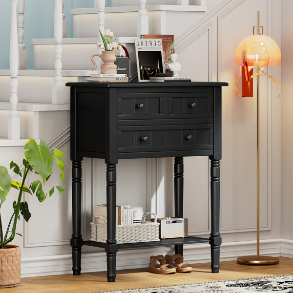 Narrow Console Table, Slim Sofa Table with Three Storage Drawers and Bottom Shelf (Black)