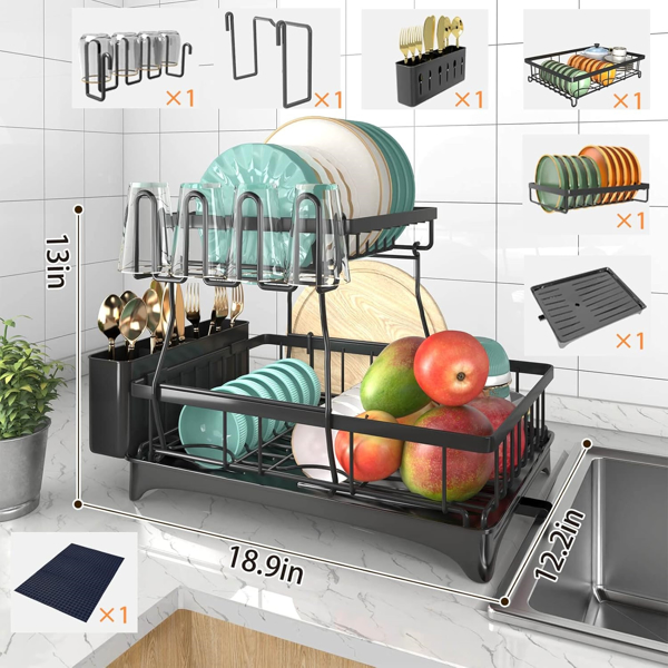 Kitchen counter large utensil drying rack, detachable large capacity utensil drying rack with utensil rack, 2-story utensil drying rack with drain board, black