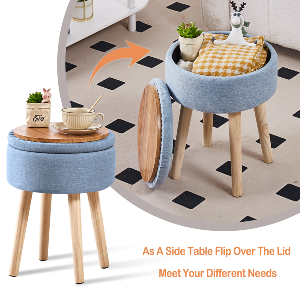 Storage Ottoman Linen Round Vanity Stool Tray Top Modern Foot Stool with Wood Legs Multifunctional Upholstered Foot Ottoman Rest for Living Room, Bathroom, Makeup Blue