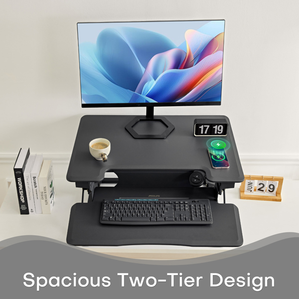 Höhenverstellbarer Schreibtisch für Computer, höhenverstellbarer Schreibtisch mit Tastaturablage, Verstellbarer Schreibtisch mit Ladefunktion (USB & Type-C & kabelloses Laden), Grau (75 x 52 cm)