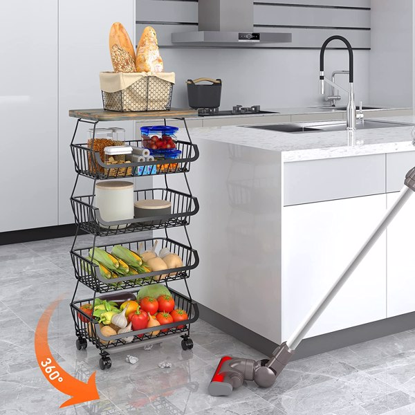 5-layer fruit basket, used for kitchen organizer and storage, stackable metal wire basket vertical cart, floor standing fruit rack basket with wheels