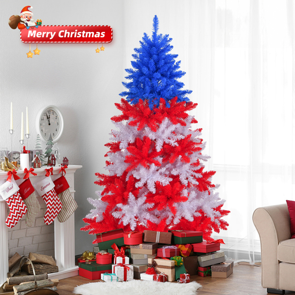 7.5 FT Patriotic Artificial Christmas Tree, Hinged Tree 4th of July Patriotic Decorations with 1308 Branch Tips and Sturdy Metal Stand, Red & White & Blue