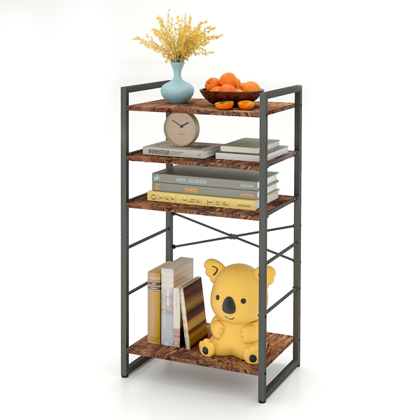 Small Bookshelf 4-Tier Bookcase, Metal Bookshelf for Study, Bedroom, Living Room and Kitchen, Height Adjustable (Brown)