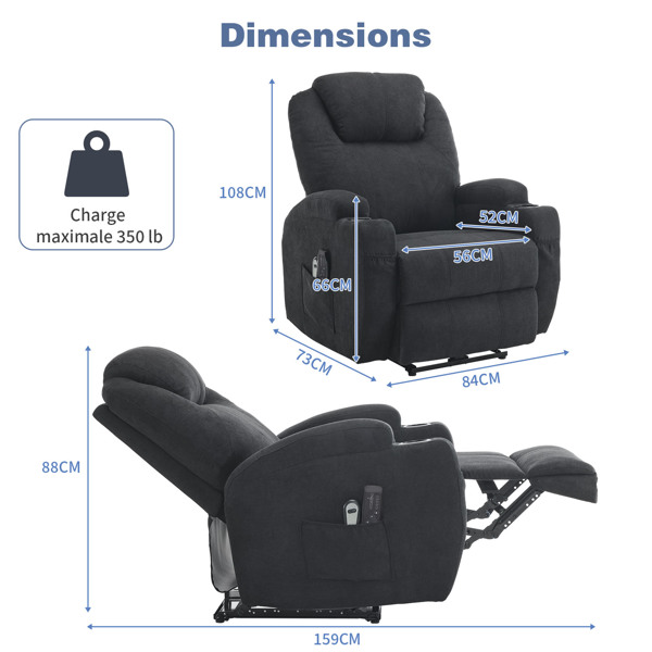 1pcs black fabric electric flat functional chair with 2-point massage belt heating 120kg indoor functional chair